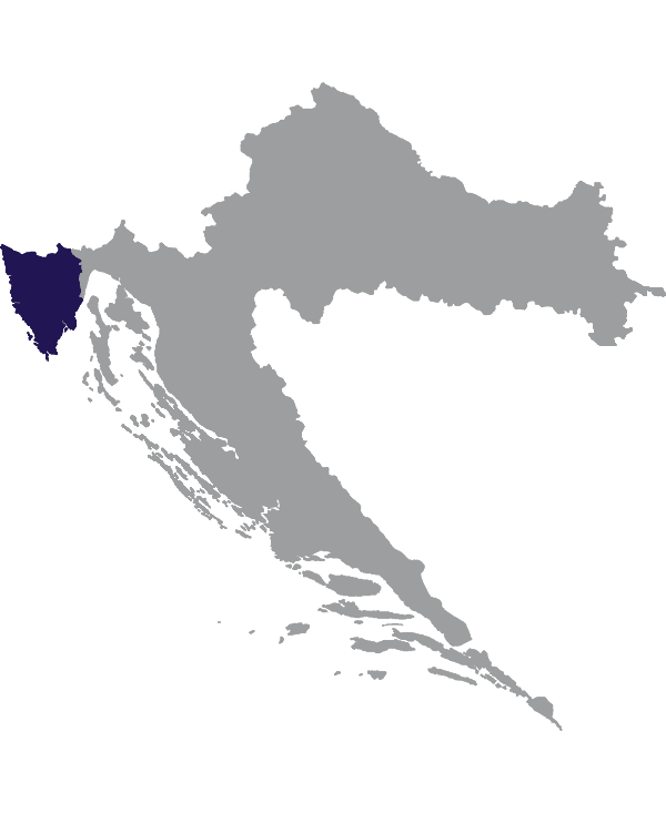 Landkaart Kroatië grijs met comitaat Provincie Istrië donkerblauw op transparante achtergrond - 600 * 733 pixels